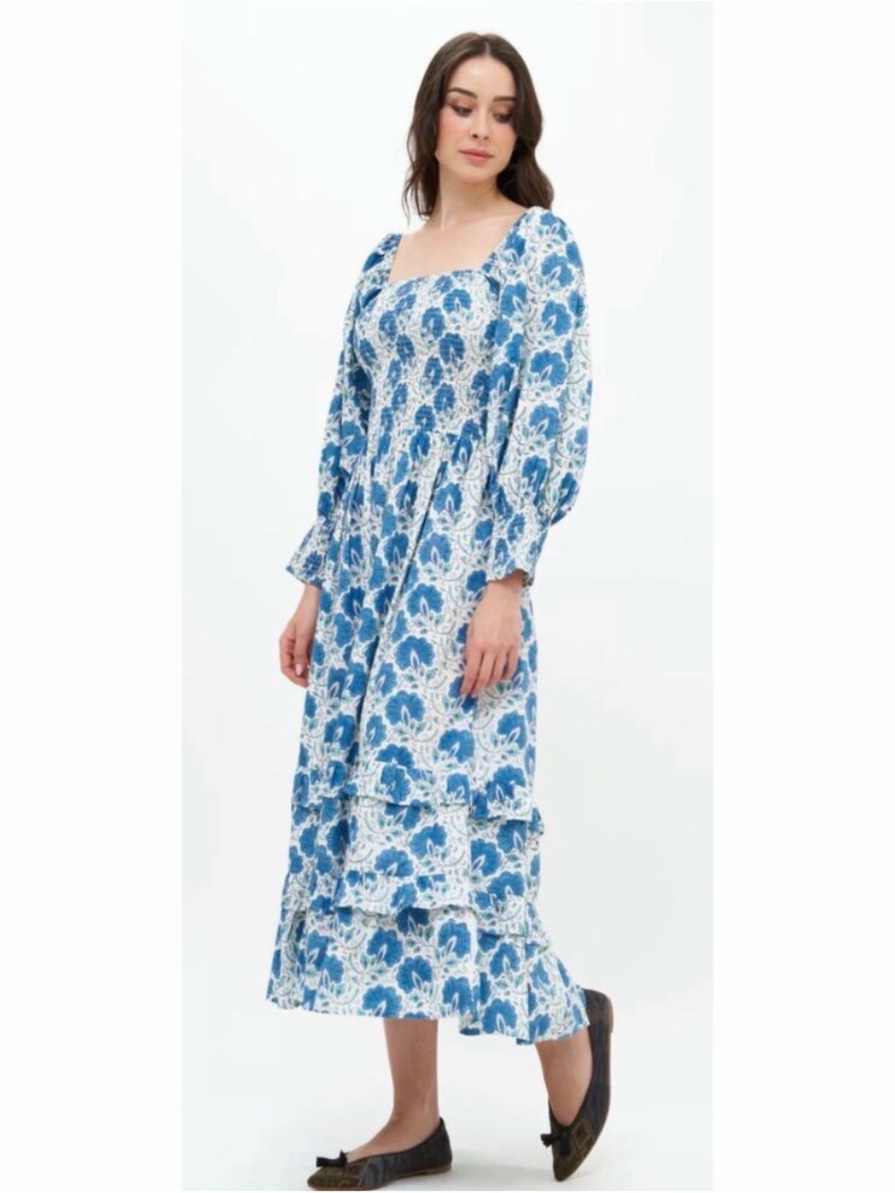 Oliphant Blue and White Floral Puff-Sleeve Midi Dress
